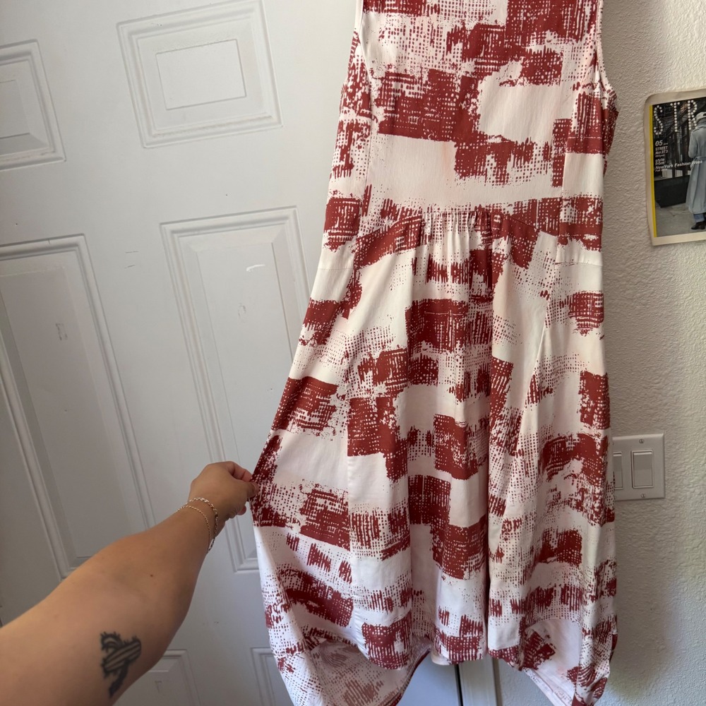 PORTO SF white rust printed sleeveless lagenlook balloon parachute midi dress - Picture 6 of 9